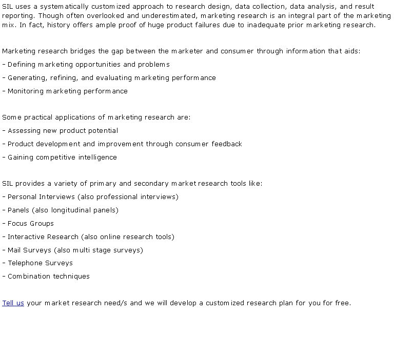 Text Box: SIL uses a systematically customized approach to research design, data collection, data analysis, and result reporting. Though often overlooked and underestimated, marketing research is an integral part of the marketing mix. In fact, history offers ample proof of huge product failures due to inadequate prior marketing research. Marketing research bridges the gap between the marketer and consumer through information that aids:- Defining marketing opportunities and problems- Generating, refining, and evaluating marketing performance- Monitoring marketing performanceSome practical applications of marketing research are:- Assessing new product potential- Product development and improvement through consumer feedback- Gaining competitive intelligence SIL provides a variety of primary and secondary market research tools like:- Personal Interviews (also professional interviews)- Panels (also longitudinal panels) - Focus Groups- Interactive Research (also online research tools) - Mail Surveys (also multi stage surveys)- Telephone Surveys- Combination techniquesTell us your market research need/s and we will develop a customized research plan for you for free.